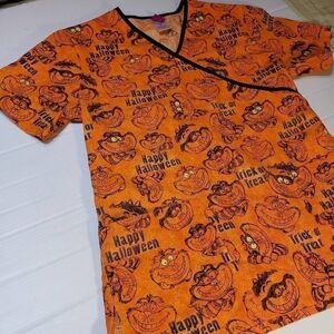 Disney Halloween Orange Cheshire Cat Scrub Nurse Top size Medium